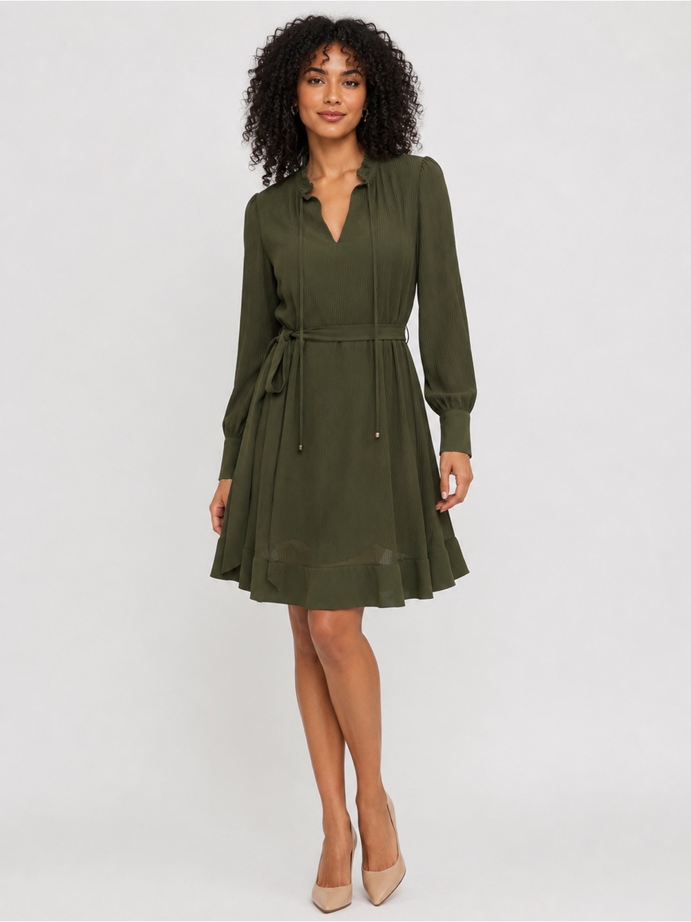 Eliza J Pleated Tie Waist Shift Dress Long Sleeve Split Neck Olive Green 6 NWT